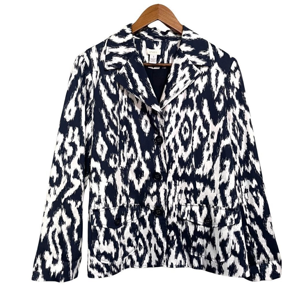 Chico's Women's Blue White Abstract Ikat Button Front Pockets Blazer Size Medium